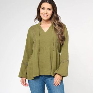 Denim & Co. Canyon Retreat Long slv V Neck Lace Trim Top - Olive (Sz 2X) a618532